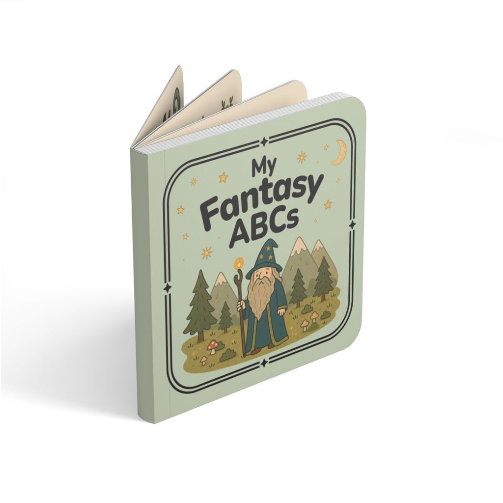 My Fantasy ABCs board book shown open with sturdy pages