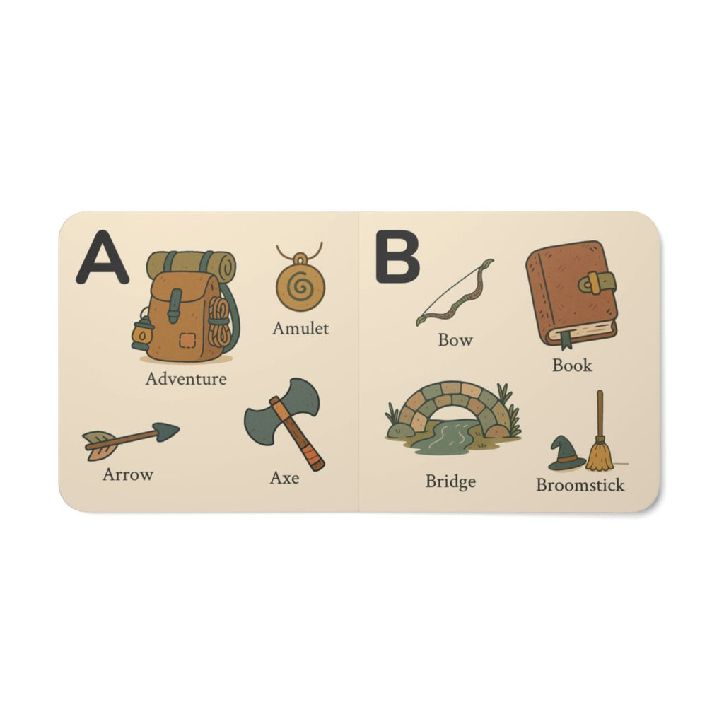 Inside alphabet spread from My Fantasy ABCs board book