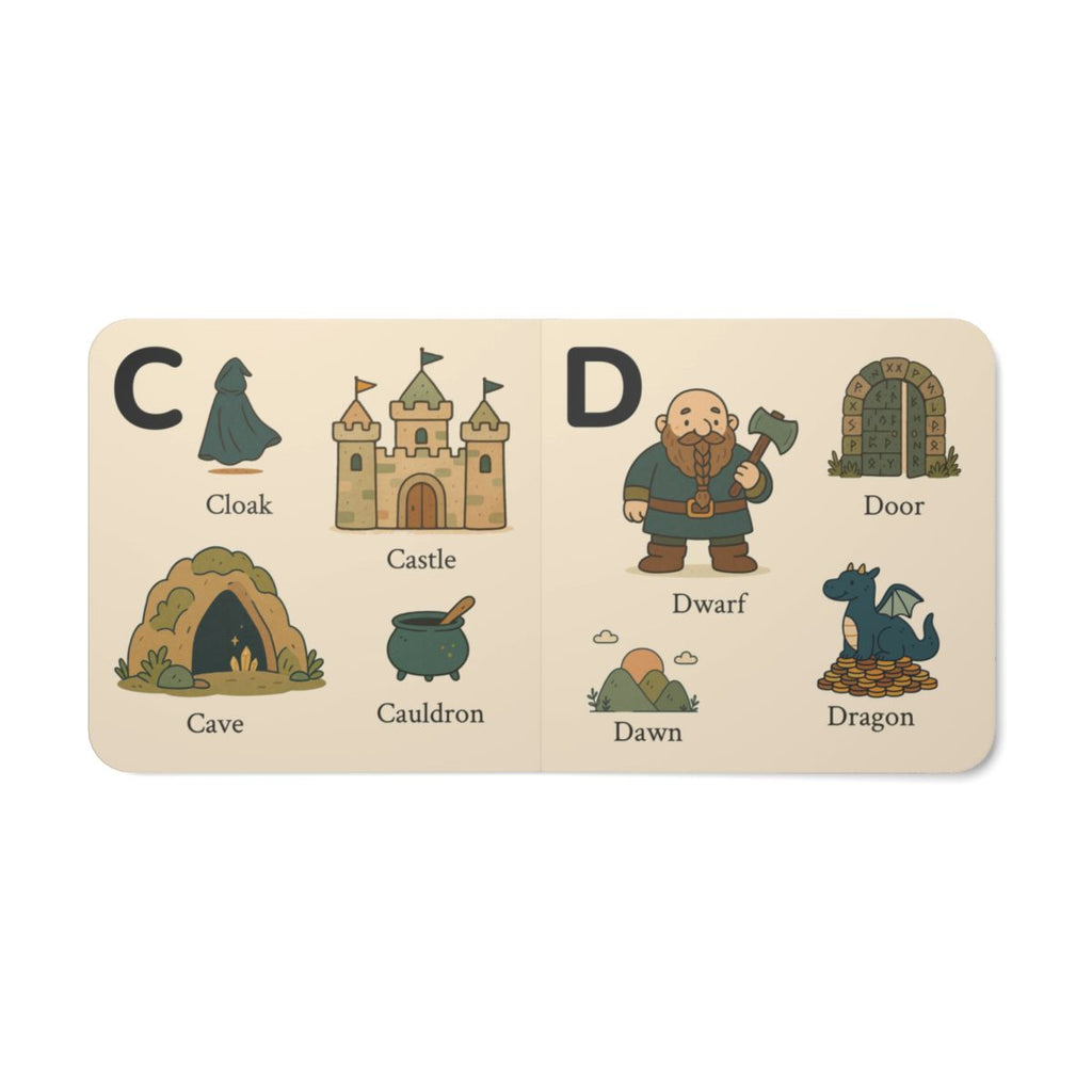 Inside alphabet spread from My Fantasy ABCs board book