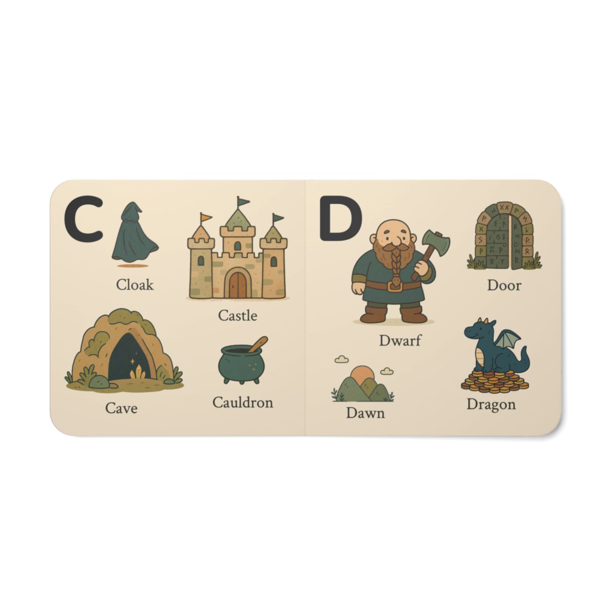 Inside alphabet spread from My Fantasy ABCs board book